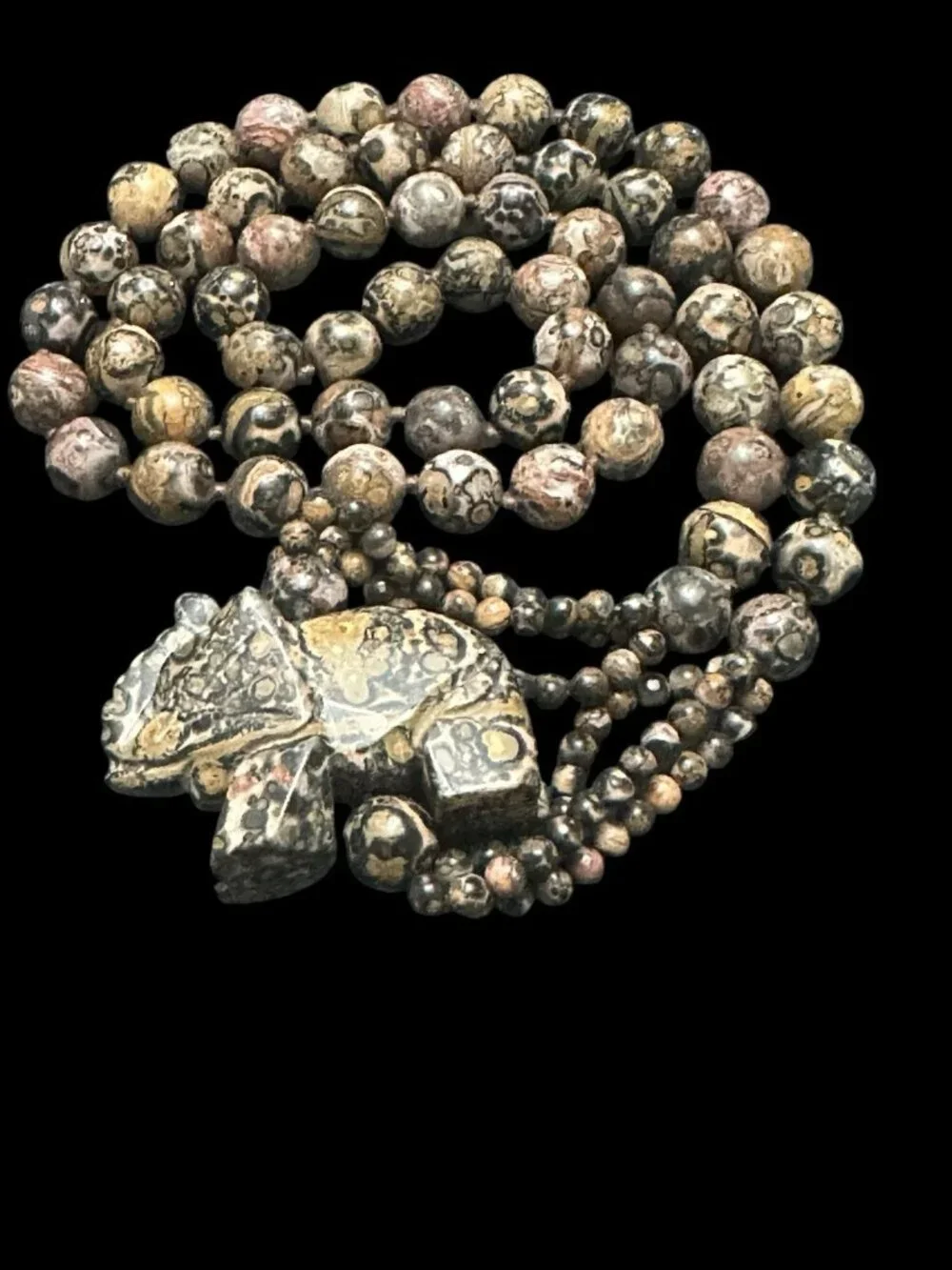 Jasper Necklace Carved Stone Elephant Trunk Up Knotted Bead Necklace Tribal 33